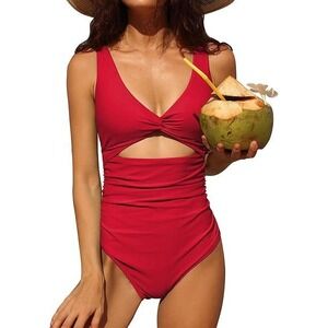 NWT Red Ruched Cutout One-Piece Swimsuit – Tummy Control,‎ V-Neck, High Cut